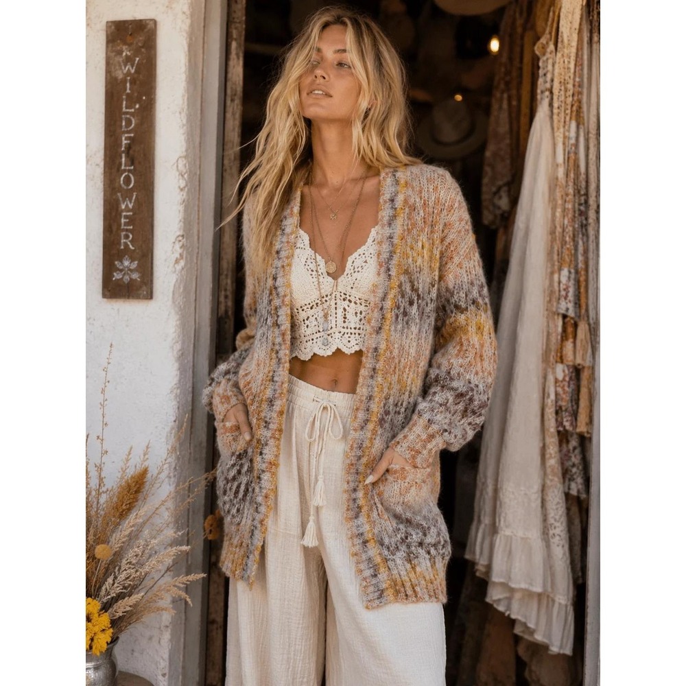 Womens Alpaca Blend Oversized Open Front Cardigan Size M Boho Hippie Earthy